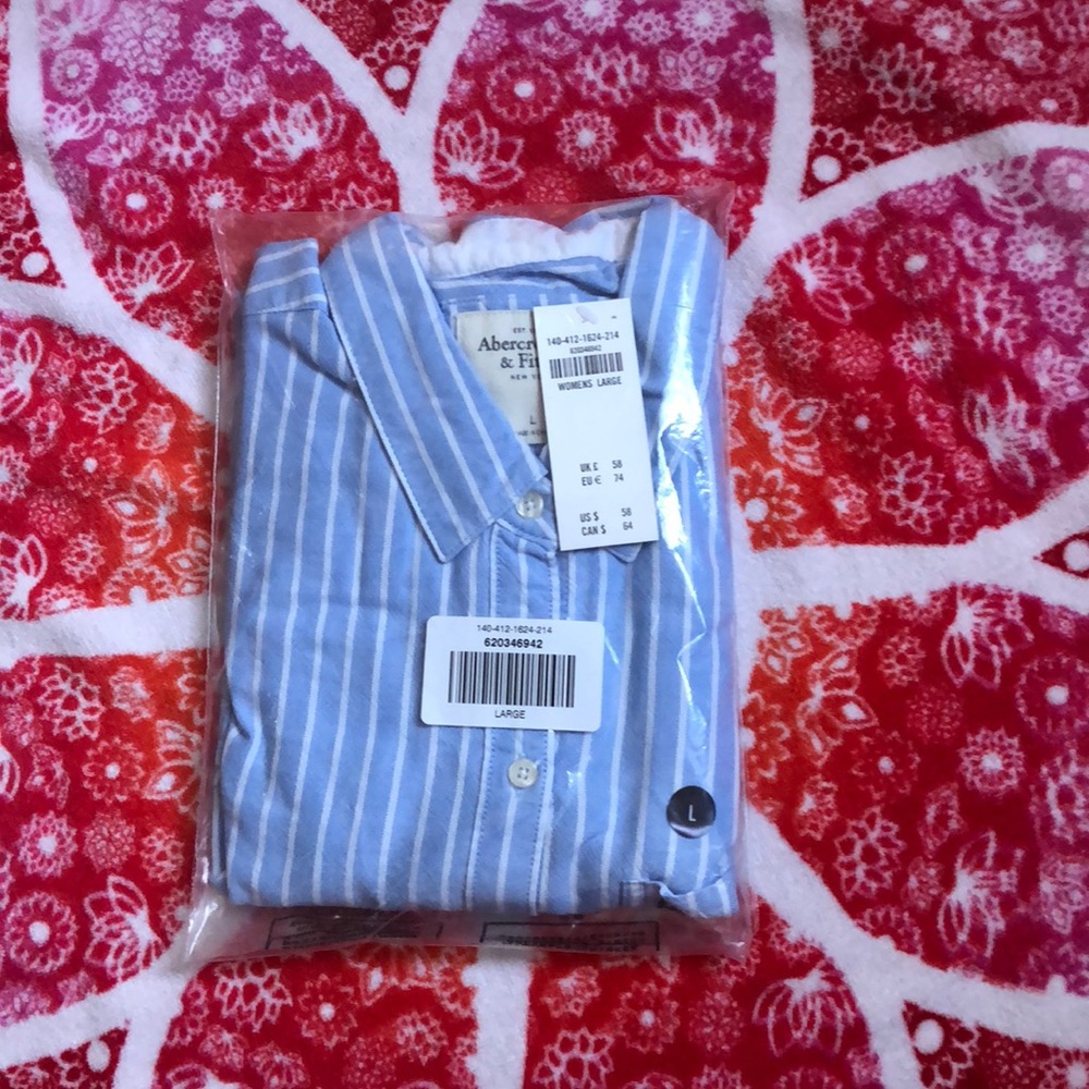 Blue and white striped button down top